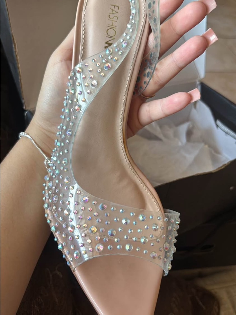 Fashion Nova Clear PVC Crystal Slingback Sandal - Nude with Iridescent Crystals